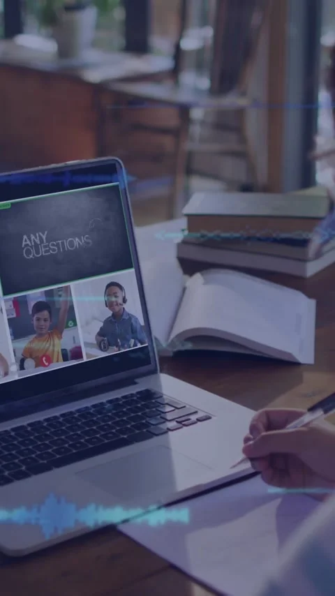 In school, person taking notes during online conference animation on laptop Stock Footage 344370409