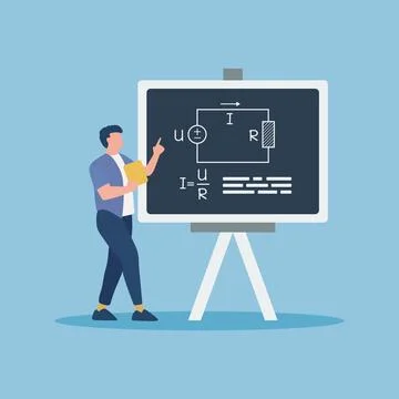 School physics teacher shows of formula on blackboard. Stock Illustration