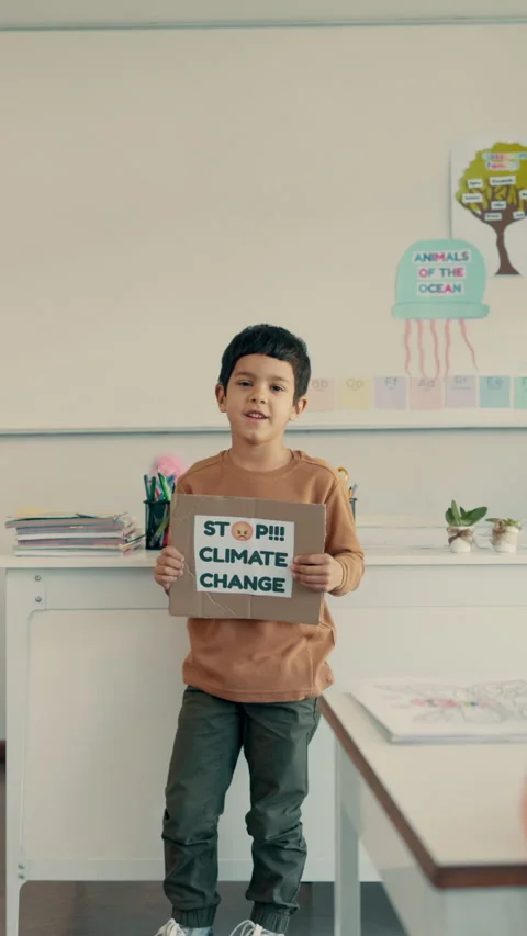 School, poster and child in class for climate change, conservation and Stock Footage 332925058