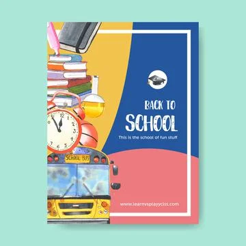 School poster design with alarm clock, school bus watercolor illustration. Stock Illustration