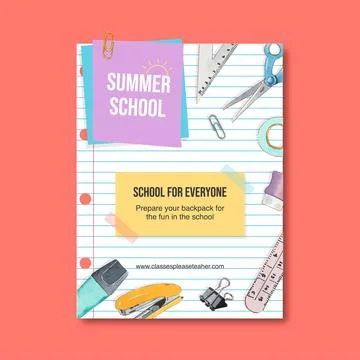 School poster design with post it, clip, stapler watercolor illustration. Stock Illustration