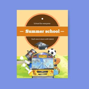 School poster design with school bus, ball, bag watercolor illustration. Stock Illustration