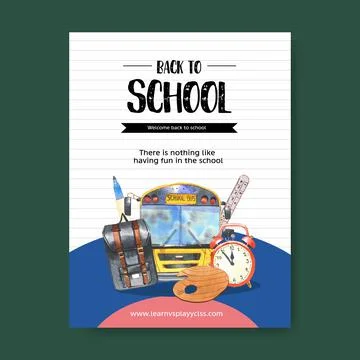 School poster design with school bus, bag, alarm clock watercolor illustratio Stock Illustration