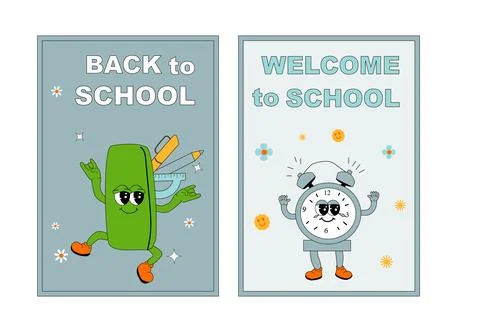 School posters set with groovy characters. Stationery with y2k school elements Stock Illustration