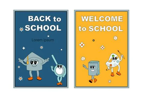 School posters set with groovy characters. Stationery with y2k school elements Illustrazione stock