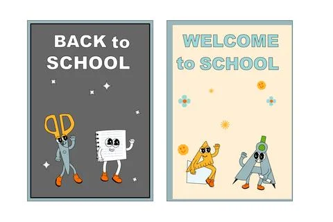 School posters set with groovy characters. Stationery with y2k school elements Stock Illustration
