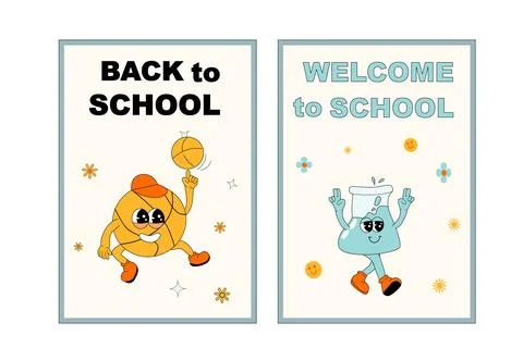 School posters set with groovy characters. Stationery with y2k school elements Stock Illustration