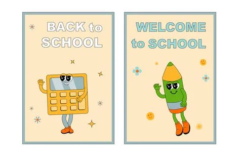 School posters set with groovy characters. Stationery with y2k school elements Stock Illustration