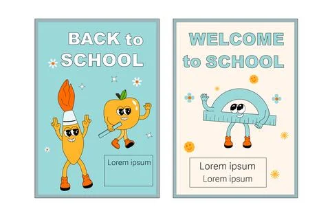 School posters set with groovy characters. Stationery with y2k school elements Stock Illustration