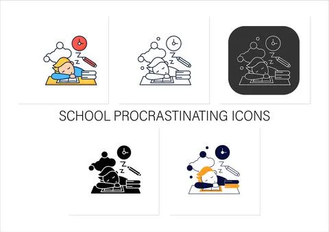 School procrastinating icons set 스톡 일러스트