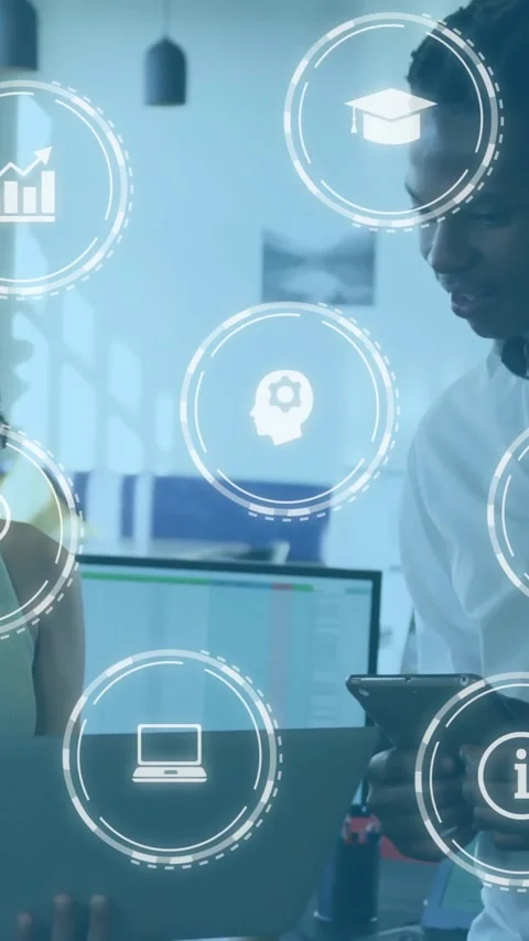 In school, professionals collaborating with animation of technology and data Stock Footage 319811427