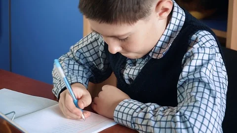 School pupil diligently writes exercise in notebook in cage with mathematics Stock Footage 105561275