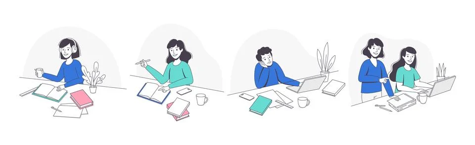 School Pupil Doing Homework Sitting at Desk with Book and Copybook Studying イラスト素材