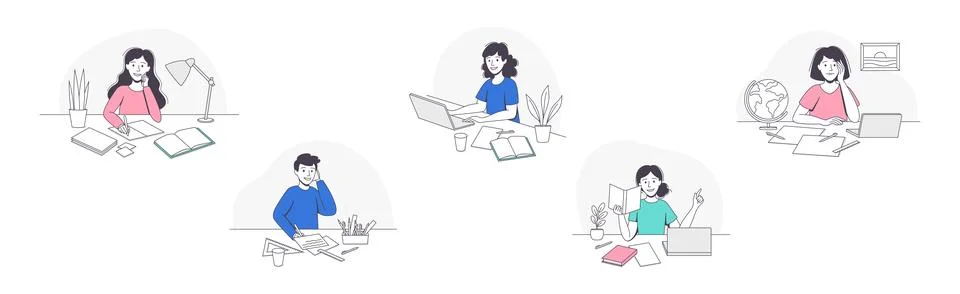School Pupil Doing Homework Sitting at Desk with Book and Copybook Studying イラスト素材