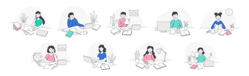 School Pupil Doing Homework Sitting at Desk with Book and Copybook Studying Stock Illustration