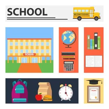 School. Rectangular banners with school supplies. Ilustración de archivo