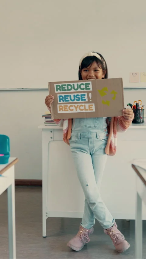 School, recycling and child in classroom with poster for conservation, climate Stock Footage 332908301