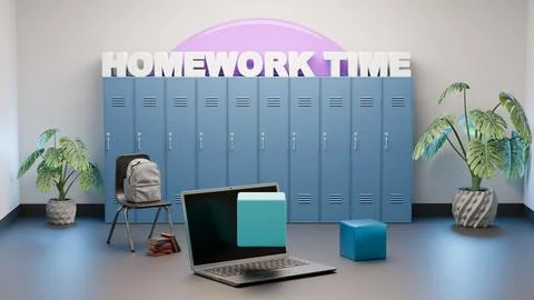 School render with lockers, laptop, and Homework Time glowing text Stockillustratie