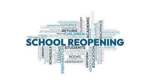 School Reopening Typography Word Cloud Concept with Education and Classroom.. Stock Illustration