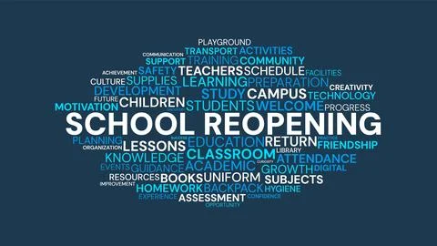 School Reopening Word Cloud Concept Illustration with Education and Learnin.. Stock Illustration