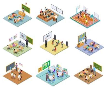School rooms isometric. Library dining room lecture classroom gym sports hall Stock Illustration