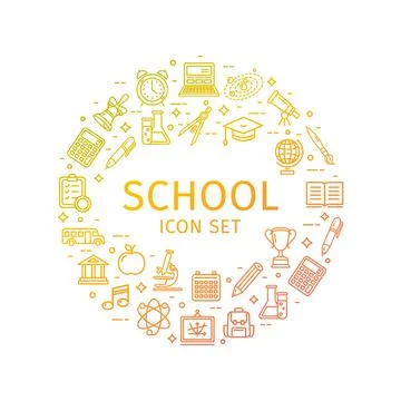 School Round Design Template Thin Line Icon Concept. Vector Illustrazione stock