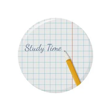 School round sticker, checkered notebook, study time text and pen. Stock Illustration