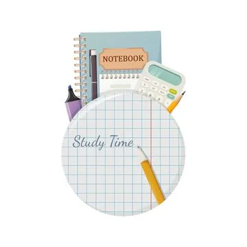 School round sticker, checkered notebook, study time text and pen. Stationery Stock Illustration