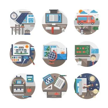 School routine flat color vector icons set 库存插图