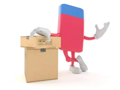 School rubber character with stack of boxes Stock Illustration