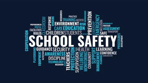 School Safety Word Cloud Concept Illustration with Related Keywords on Dark.. Illustration