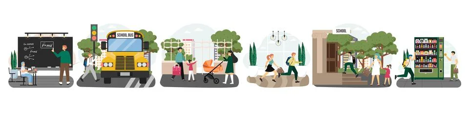 School scene set, vector illustration. Lesson, break, bus, students, kids with Stock Illustration