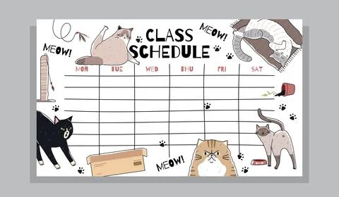 School schedule with cute cats. Training glider design, funny animalistic Illustration