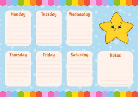 School schedule. Timetable for schoolboys. Cartoon star. Empty template. Week Stock Illustration