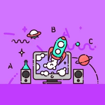 School science education vector illustration. Rocket flying from computer screen Stock Illustration