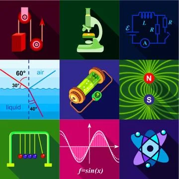 School science program icons set, flat style Stock Illustration