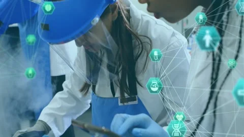 In school, scientists in lab coats using animation and digital data overlay Stock Footage 328823749