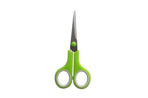 School scissors closed, green handle isolated on white background. School s.. Stock Photos