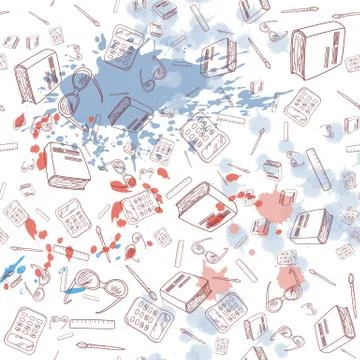 School seamless background, pattern with linear icons and multicolored blots Stock Illustration