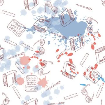 School seamless background, pattern with linear icons and multicolored blots Illustrazione stock