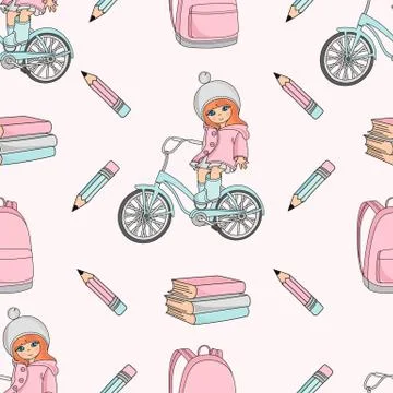 School Seamless Pattern Color Vector Illustration GIRL ON BIKE Stock Illustration