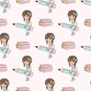 School Seamless Pattern Color Vector Illustration GIRL ON PENCIL Stock Illustration