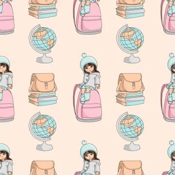 School Seamless Pattern Color Vector Illustration GIRL AND GLOBE Stock Illustration