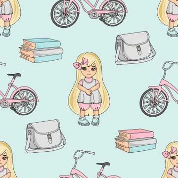 School Seamless Pattern Color Vector Illustration SCHOOL GIRLS Stock Illustration