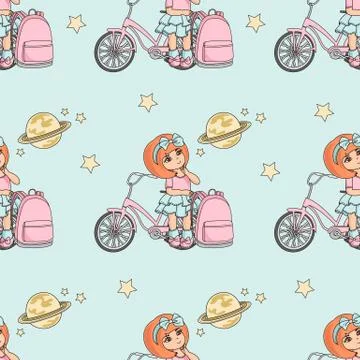 School Seamless Pattern Color Vector Illustration GIRL AND PLANET Illustrazione stock