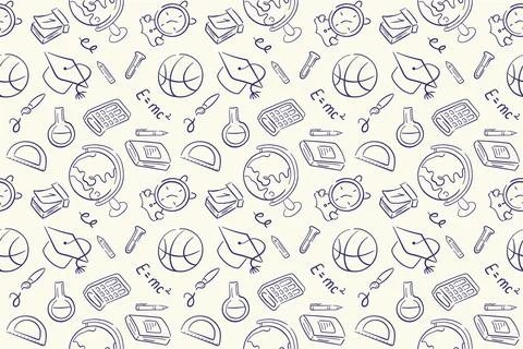 School seamless pattern in doodle style on a beige background. Back to school Stock Illustration