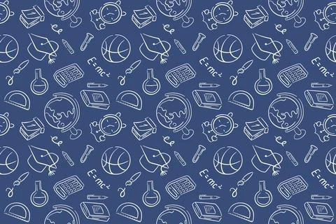 School seamless pattern in doodle style on a blue background. Back to school Stock Illustration