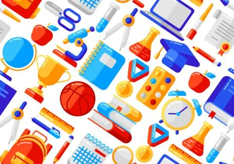 School seamless pattern with education icons and symbols. Illustrazione stock