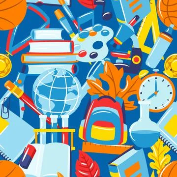 School seamless pattern with education items. Supplies and stationery background Stock Illustration