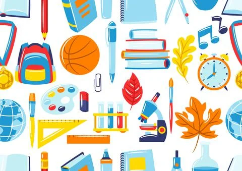 School seamless pattern with education items. Supplies and stationery background Stock Illustration